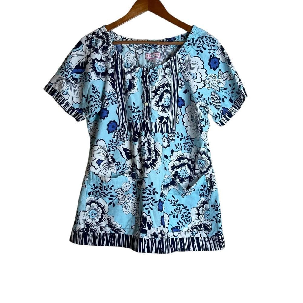 koi Blue Floral Short Sleeve Scrub Top